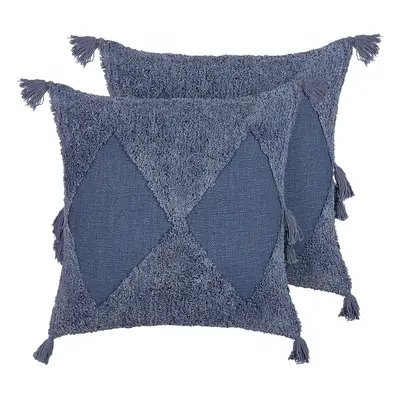 Set of Tufted Cotton Cushions with Tassels x cm Blue AVIUM