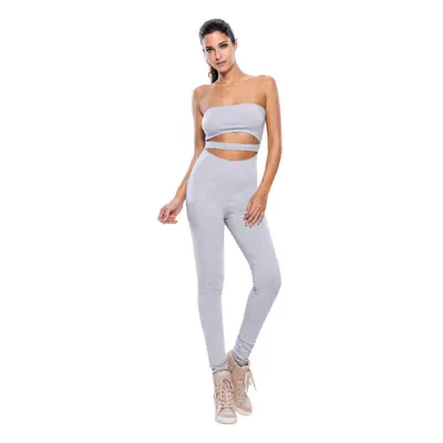 (Grey, S) Women Rompers Capri Long Pants Cutout Strapless Fitness Bodycon