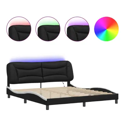 vidaXL Bed Frame with LED Lights Bed Black and White Super King Faux Leather