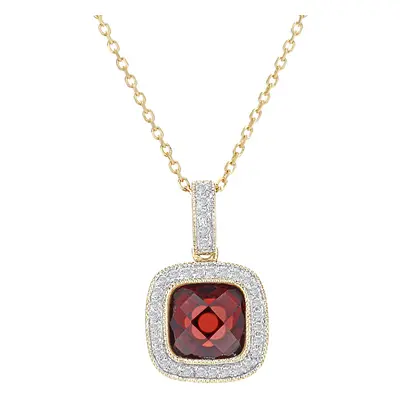 Jewelco London 9ct Yellow Gold Round 10pts Diamond Cushion 1.9ct Garnet Cocktail Pendant Necklac