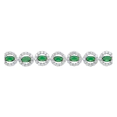 Jewelco London Ladies Sterling Silver Emerald-Green oval Cubic zirconia Alternating Halo Tennis 