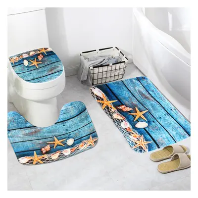 3PCS Starfish Wood No-slip Bathroom Pedestal Rug Lid Toilet Cover Bath Mat Set