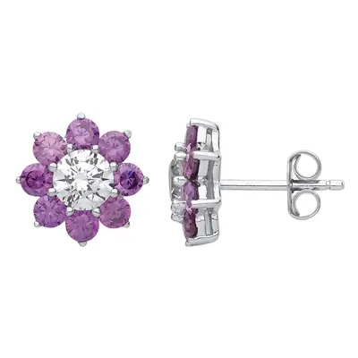 Jewelco London Ladies Sterling Silver Purple Cubic Zirconia Majestic Flower Cluster Stud Earring