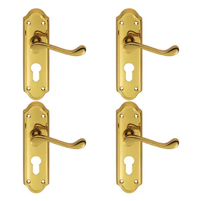 4x PAIR Victorian Upturned Lever on Euro Lock Backplate x 47mm Brass