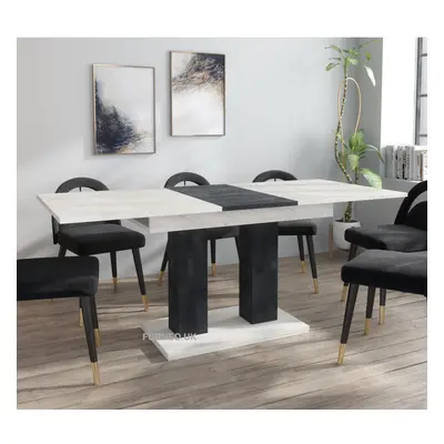 Furneo Modern Dining Table Extendable 140-180cm White Marble & Black Concrete Effect Theo