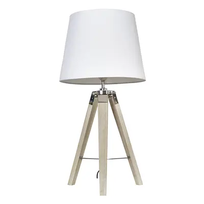 Modern Distressed Wood and Silver Chrome Tripod Table Lamp with a White Tapered Light Shade