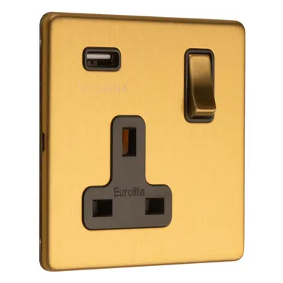 1 Gang Single 13A UK Plug Socket & 2.1A USB-A Charger SCREWLESS SATIN BRASS