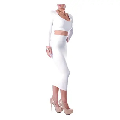 (White, L) Sexy Women Two Pieces Long Sleeve Bodycon Crop Top Pencil Skirt Dress Twin Set Party 