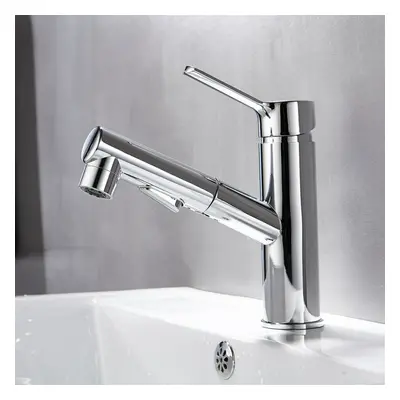 (Silver) Bathroom Basin Faucet with Pull Out Sprayer Fountain Brushed Nickel Hot Cold Mixer Tap 