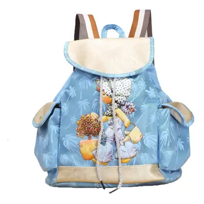 (Blue) Women Candy Color Backpack PU Leather Girl Pattern Drawstring Casual Cute School Travelli