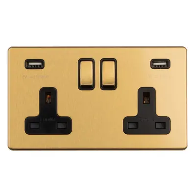 2 Gang Double 13A UK Plug Socket & 2.1A USB-A Charger SCREWLESS SATIN BRASS