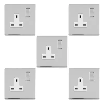 5 PACK Gang DP 13A Switched UK Plug Socket SCREWLESS POLISHED CHROME Power