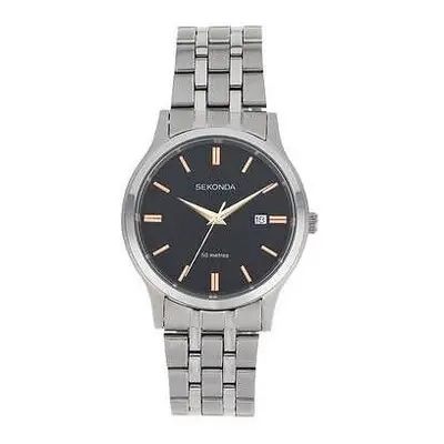 Sekonda Mens Stainless Watch with Black Dial, Rose Gold Accents & Date Feature