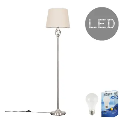 Traditional Style Satin Nickel Barley Twist Floor Lamp with a Beige Tapered Light Shade - Comple