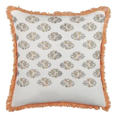 Fringed Cotton Cushion Floral Pattern x cm White and Orange SATIVUS