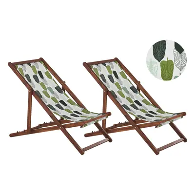 Set of Acacia Folding Deck Chairs and Replacement Fabrics Dark Wood with Off-White / Green Leaf 