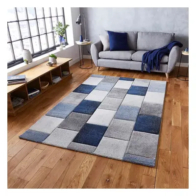 (120x170cm) Brooklyn Modern Rugs in Square Patchwork Grey Blue Thick Soft Mats