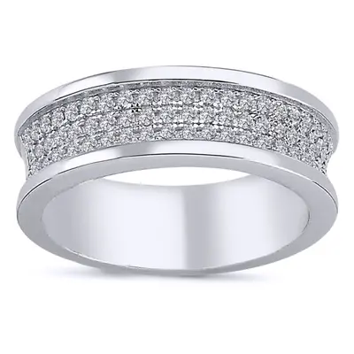 (K) Jewelco London Unisex Rhodium Plated Sterling Silver Cubic Zirconia 3-row Pave Wedding Band 