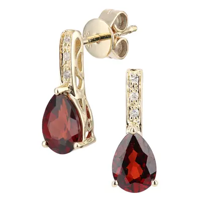 Jewelco London 9ct Yellow Gold Round 3pts Diamond Pear 2ct Garnet Teardrop Drop Earrings - DE1AX