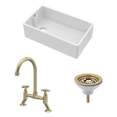 Fireclay Kitchen Bundle - Single Bowl Belfast Sink, Strainer Waste & Bridge Crosshead Tap, 795mm