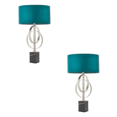 2 PACK Antique Silver Table Lamp & Teal Satin Shade Black Marble Base Desk Light