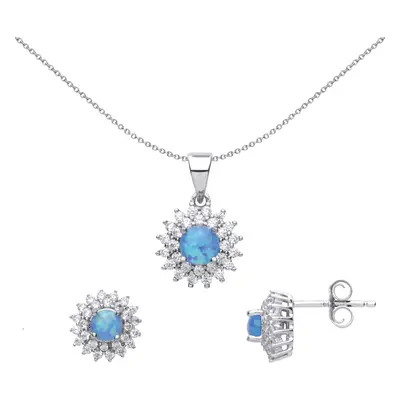 Jewelco London Ladies Sterling Silver Blue Opal Sunshine Cluster Solitaire Earrings Necklace Set