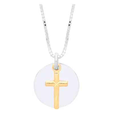 Jewelco London Ladies Rhodium & Gold-Plated Sterling Silver Cross Charm & Round Disc Lavalier Ne