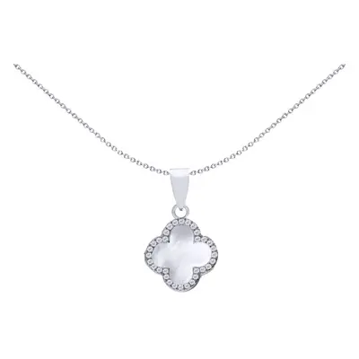 Jewelco London Rhodium Silver Clover Mother of Pearl & CZ Halo Lucky Charm Charm Pendant - APD23