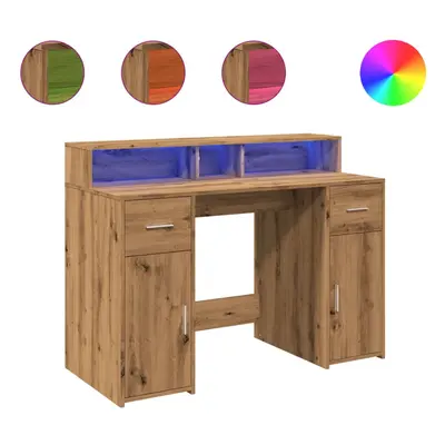 vidaXL Desk with LED Lights Writing Working Table Artisian Oak Engineered Wood