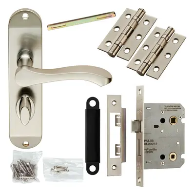 Door Handle & Bathroom Lock Pack Satin Chrome Scroll Lever Thumb Turn Backplate