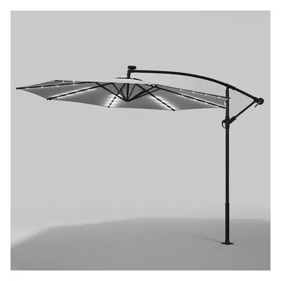 (Light Grey) 3m Garden Hanging Parasol Sun Shade Patio Banana Umbrella Cantilever with LED