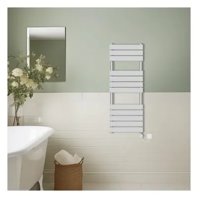 (Chrome, 1200x450mm) Prefilled Thermostatic Electric Flat Panel Heated Towel Rail Ladder Warmer 