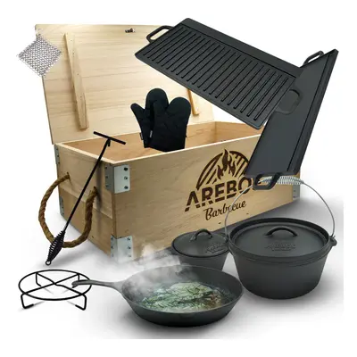 AREBOS Dutch Over BBQ Set made of cast iron with wooden box including protective glove