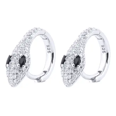 Jewelco London Rhodium Silver Black Marquise CZ Pave Snake Eyes Huggie Hoop Earrings - AER155