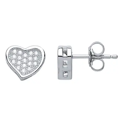 Jewelco London Ladies Sterling Silver Cubic Zirconia Pave Love Heart Stud Earrings - GVE592