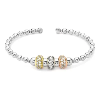 Jewelco London Rhodium Rose & Gold Silver CZ Ball Cuff Bead Bangle - Ladies - ABG031