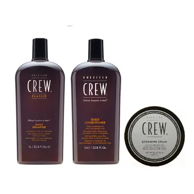 American Crew Daily Moisturizing Shampoo 1000ml, Conditioner 1000ml and Grooming Cream 85g