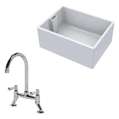 Fireclay Kitchen Bundle - Single Bowl Belfast Sink & Bridge Mixer Tap, 615mm - Chrome - Balterle