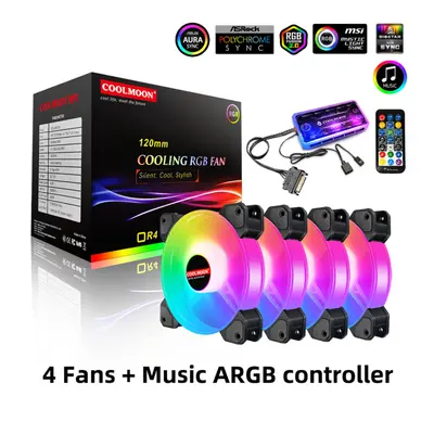 (4x Fans + Music ARGB controller) 120mm Cooling Fan RGB 6PIN Computer Case Colorful Radiator Coo