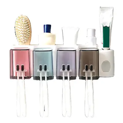 (4 Cups) 2/3/4 Cups Toothbrush Holder Wall Hanging Toothpaste Dispenser Strong Bearing Capacity 