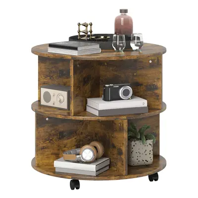 HOMCOM Tier Coffee Table Round Rolling Centre Table w/ Wheels Rustic Brown