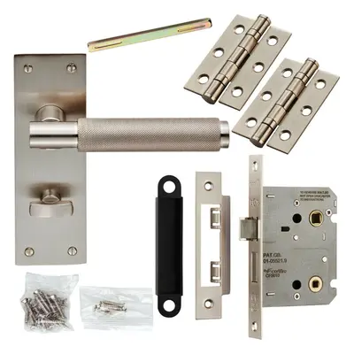 Door Handle & Bathroom Lock Pack Satin Nickel Low Profile Knurled Backplate