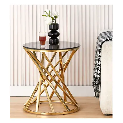 (Gold) Round Geometric Design Metal Side Table With Tinted Glass Tempered Top In Gold Or Silver