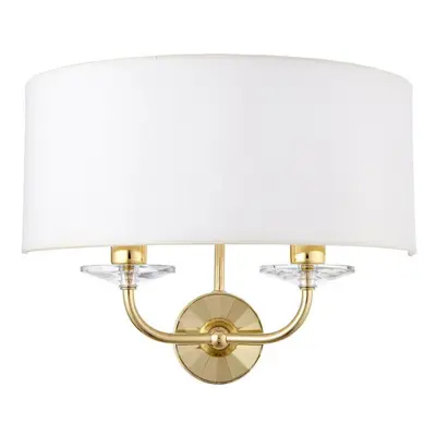 Dimmable Twin Wall Light Brass Glass White Fabric Shade Curved Arm Lamp Fitting