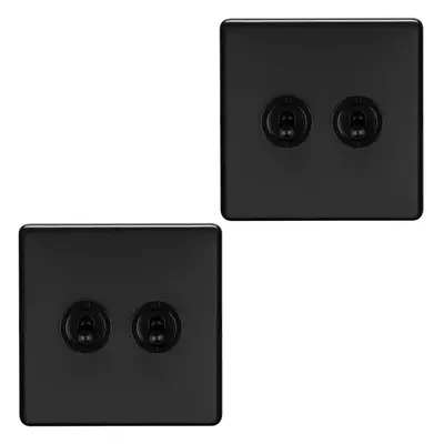 2 PACK Gang Double Retro Toggle Light Switch SCREWLESS MATT BLACK 10A Way