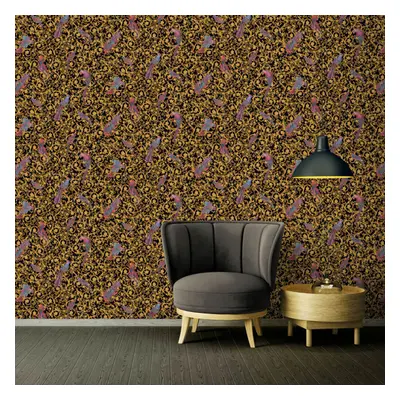 Versace Barocco Birds Wallpaper - Black and Gold - - 10m x 70cm