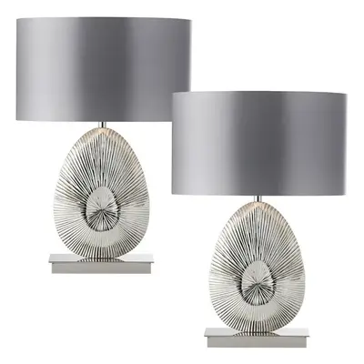 2 PACK Unique Detailed Table Lamp Polished Nickel Base & Shade Modern Bedside