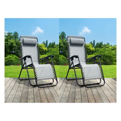 (Grey) SET OF RECLINING SUN LOUNGERS GRAVITY FOLDING GARDEN CHAIRS