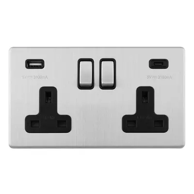 2 Gang Double 13A UK Plug Socket & 2x 3.1A USB-C & USB-A SCREWLESS SATIN STEEL