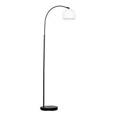 Modern Designer Style Black Curved Stem Floor Lamp with a Gloss White Arco Style Metal Dome Ligh